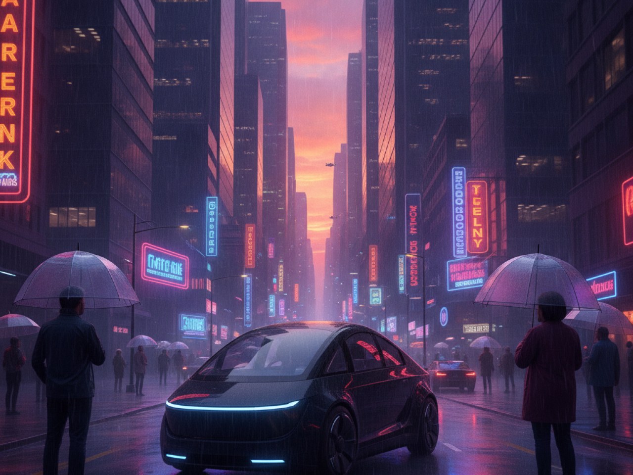 Роботакси Cybercab от Tesla на фоне города