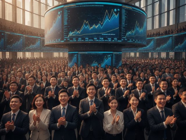 Робот от компании Unitree на фоне Шанхайской биржи