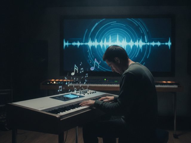 Логотип Apple Music на фоне музыкальных нот
