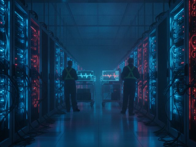 Логотип GitHub на фоне серверного оборудования