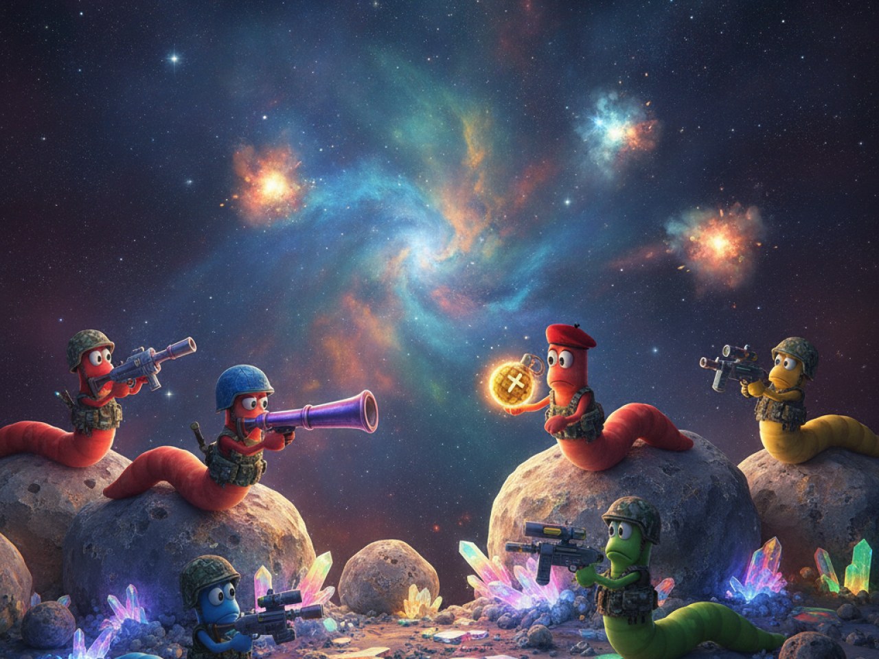 Арт к игре Worms: Galactic Tactics с червячками и оружием