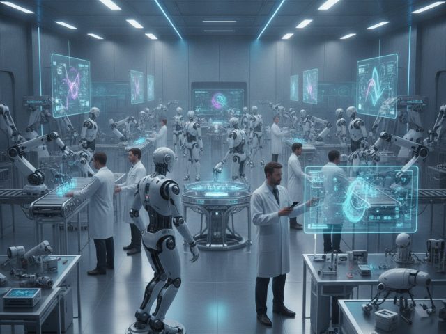 Логотип стартапа Generalist на фоне технологий робототехники