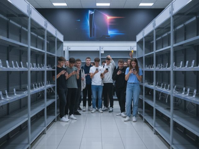 Консоль PS5 Pro на фоне витрины магазина