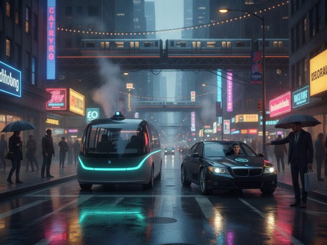 Логотип Uber на фоне роботакси