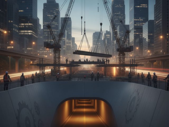 Логотип The Boring Company на фоне городской инфраструктуры