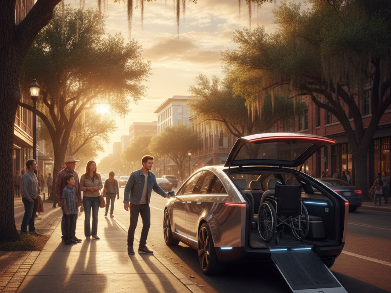 Беспилотное такси Cybercab от Tesla с молодым человеком на коляске