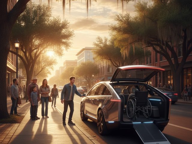 Беспилотное такси Cybercab от Tesla с молодым человеком на коляске