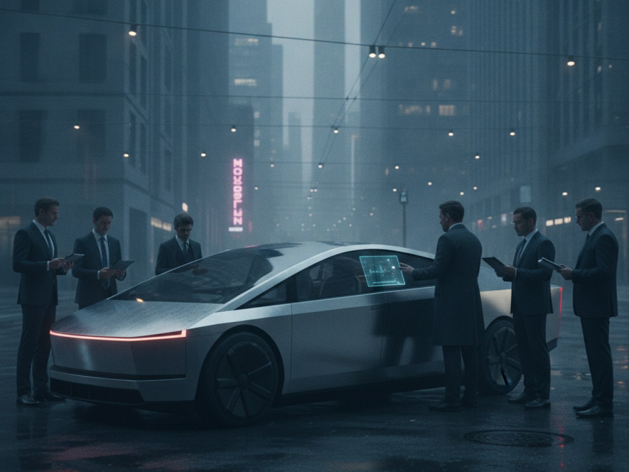 Роботакси Tesla Cybercab на фоне городского пейзажа