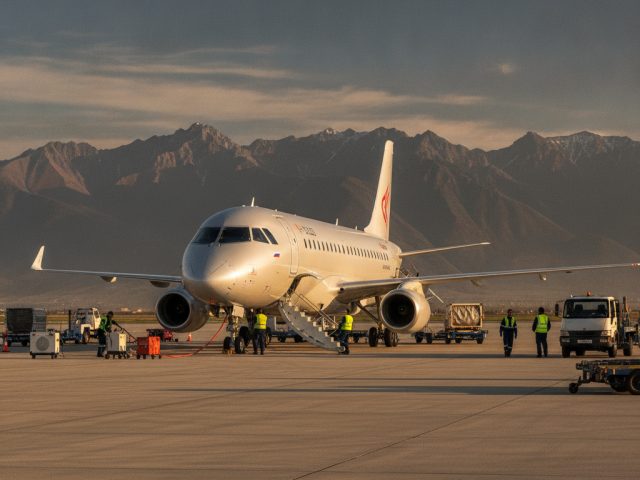 Самолёт SSJ 100 на фоне аэропорта