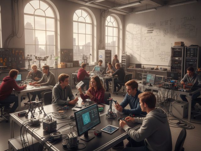 Студенты-инженеры на практике в высокотехнологичной компании