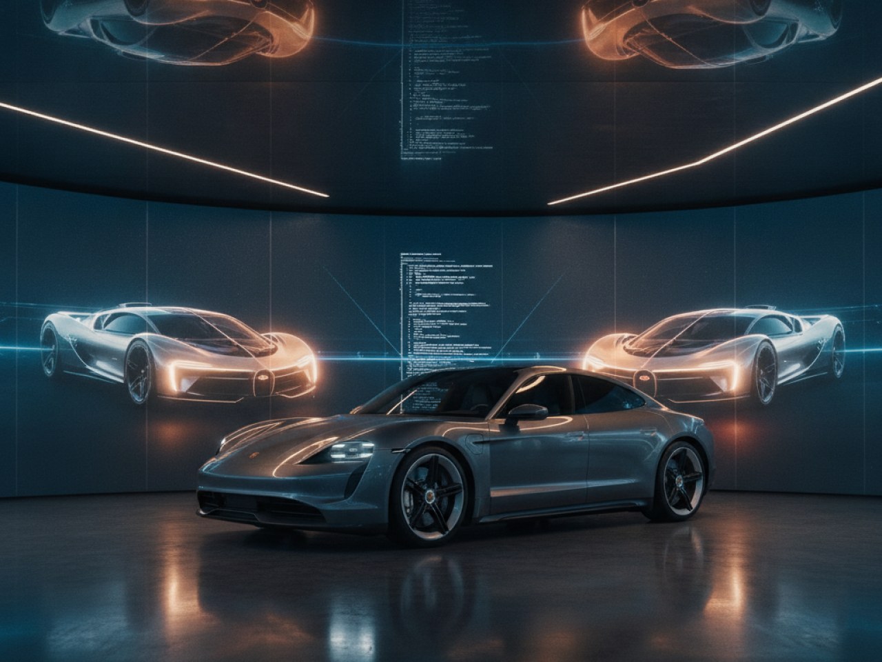 Логотип Porsche на фоне автомобилей Bugatti и Rimac