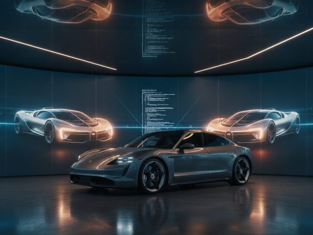 Логотип Porsche на фоне автомобилей Bugatti и Rimac