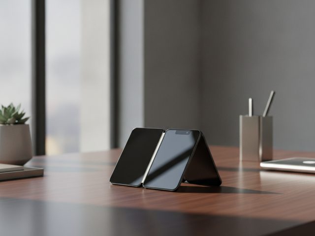 iPhone Duo в сложенном виде на фоне технологических гаджетов