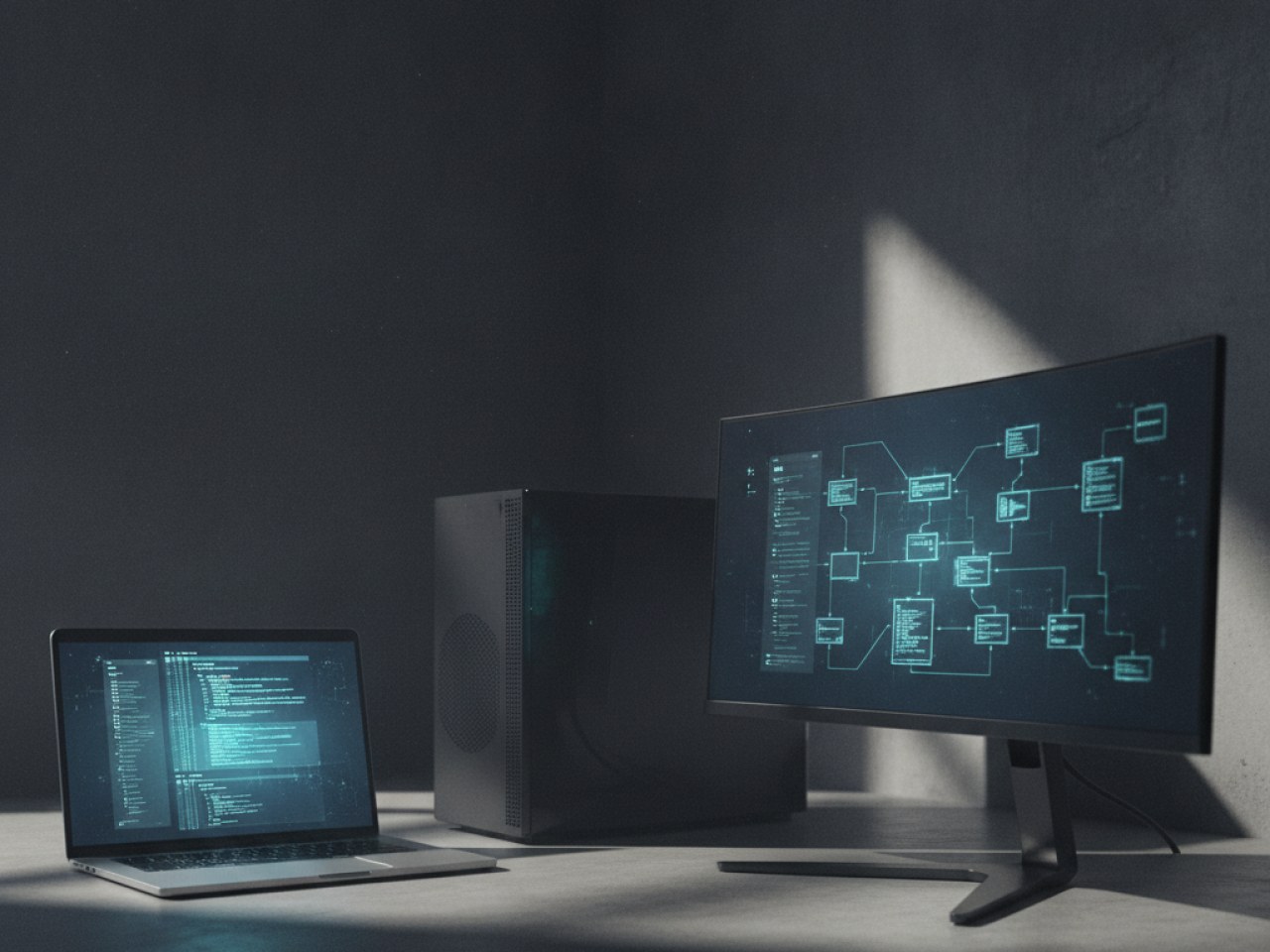 Иконки macOS и Windows на фоне компьютера