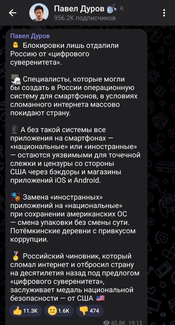 Дуров раскритиковал идеи блокировок и суверенного интернета