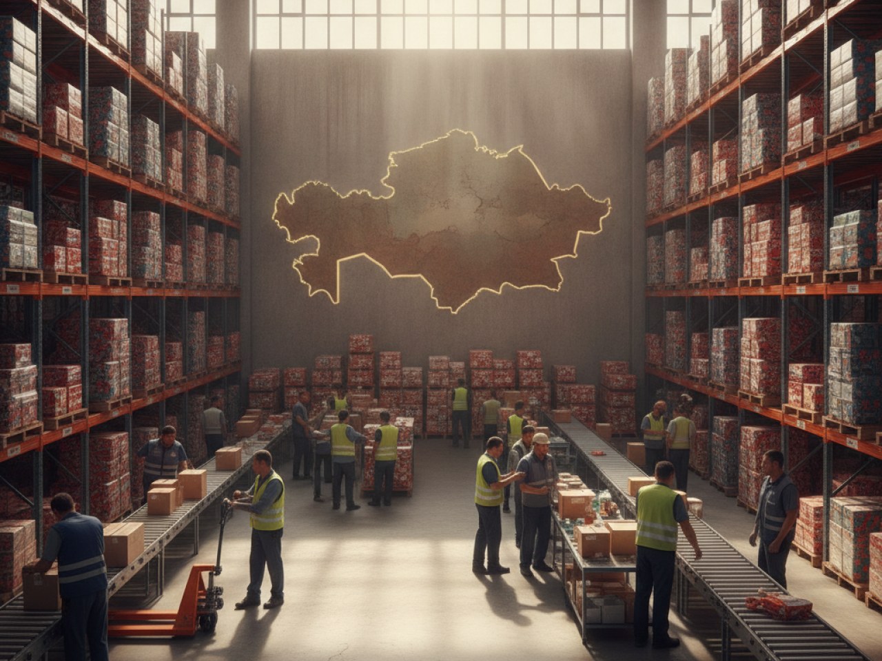 Логотип Wildberries на фоне складов в Казахстане