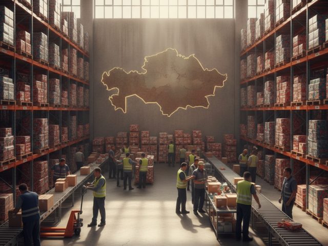 Логотип Wildberries на фоне складов в Казахстане