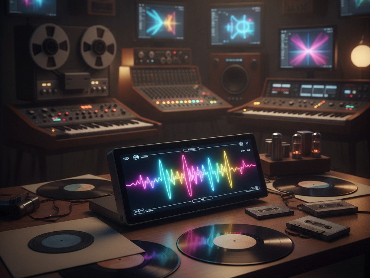 Логотип Winamp на фоне музыкальных нот