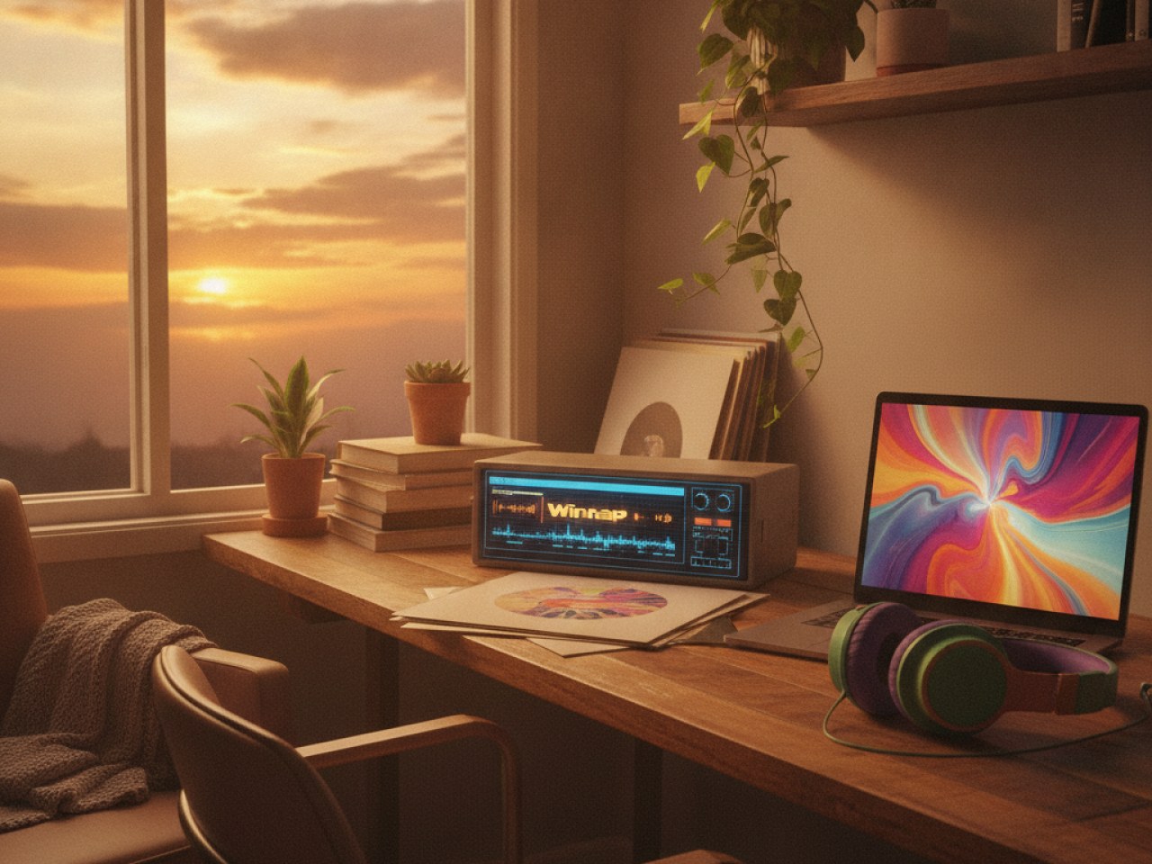 Логотип Winamp на фоне музыкальных нот