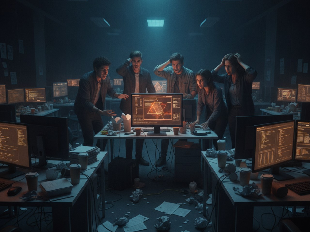 Сотрудники Amazon на фоне логотипа компании