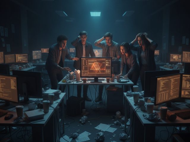 Сотрудники Amazon на фоне логотипа компании