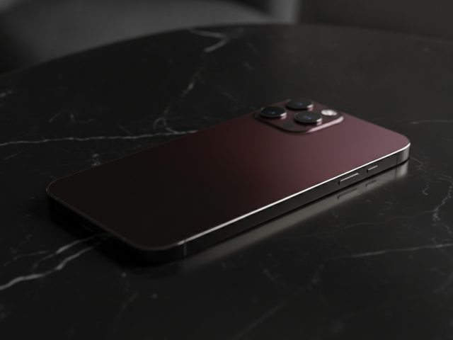 Тёмно-вишнёвый iPhone 18 Pro на фоне современных технологий